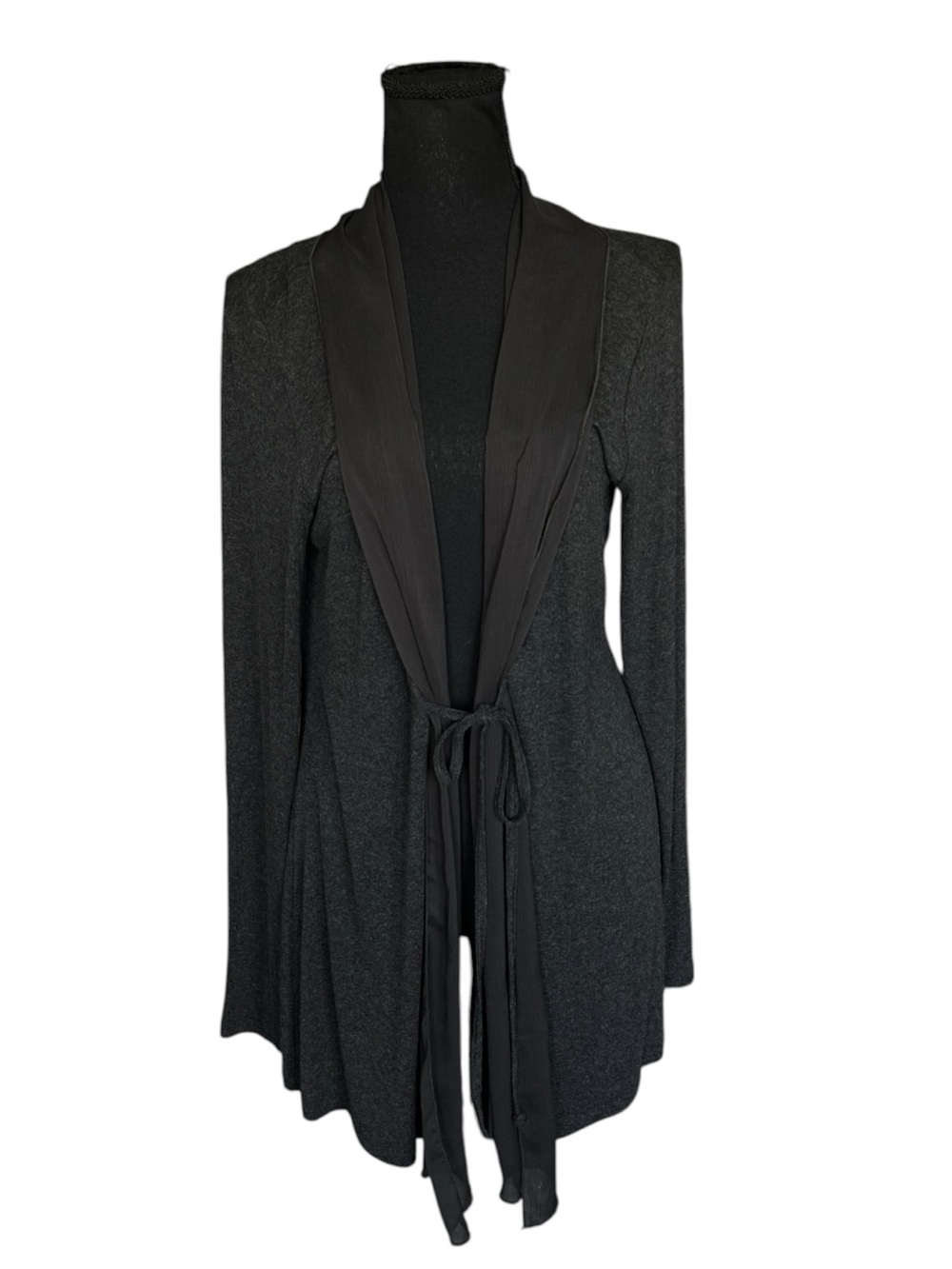 Street One Charcoal Gray Tie Front Cardigan Chiffon Trim Draped Lightweight S